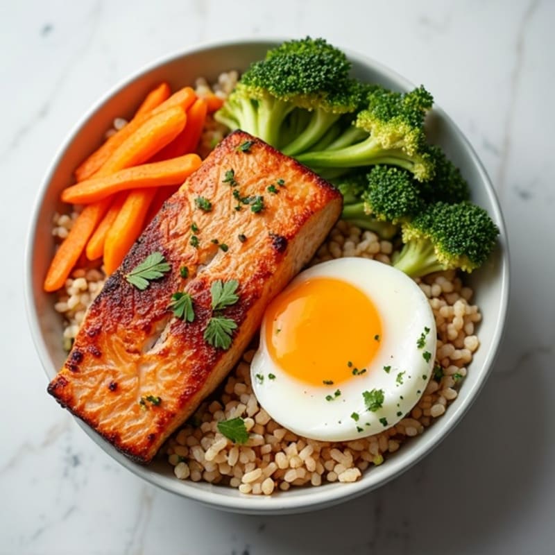Fresh Seared Salmon and Crispy Veggie Rice Bowl