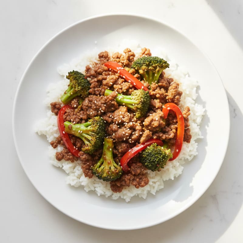 Ground Beef and Veggie Stir-Fry with Steamed Rice