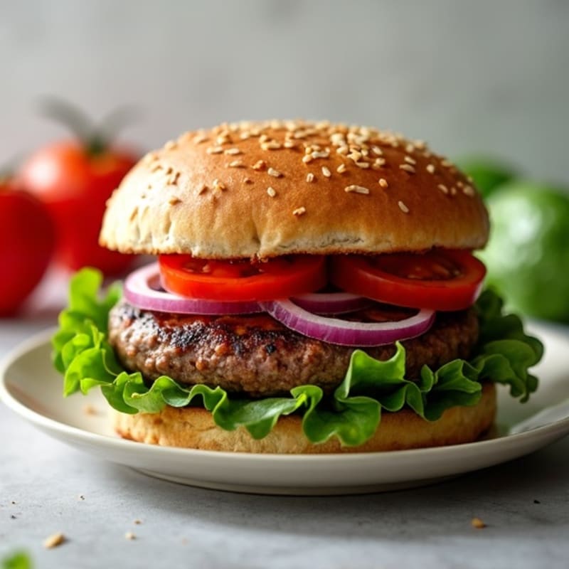 Juicy Grilled Lean Beef Burger with Fresh Greens and Sliced Tomato