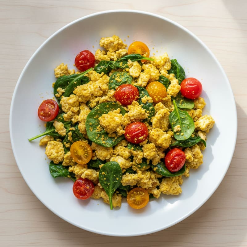 Silky Tofu and Spinach Scramble with Cherry Tomatoes