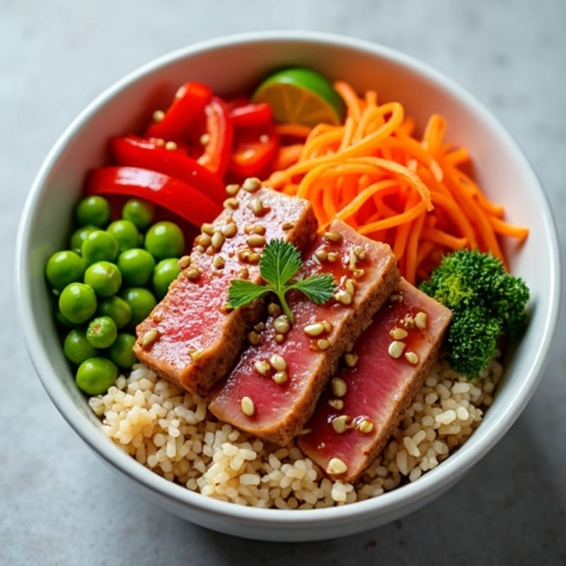 Spicy Sesame Tuna Rice Bowl with Crunchy Veggies
