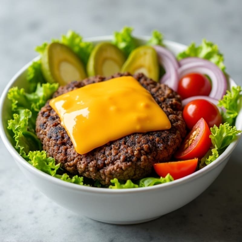 Lean Ground Beef Cheeseburger Bowl with Crispy Lettuce and Tangy Pickles