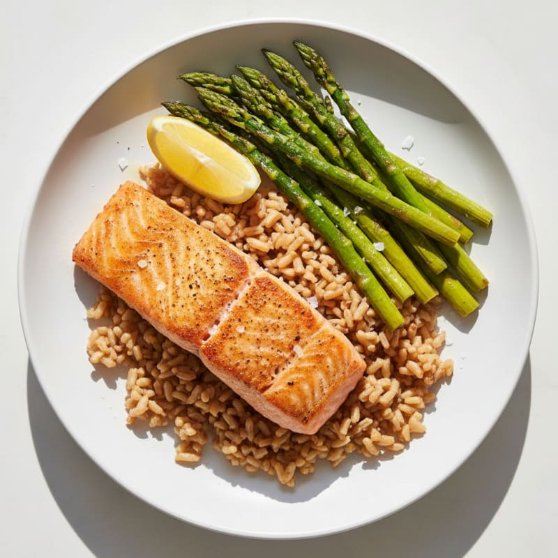 Seared Salmon Fillet with Roasted Asparagus and Brown Rice