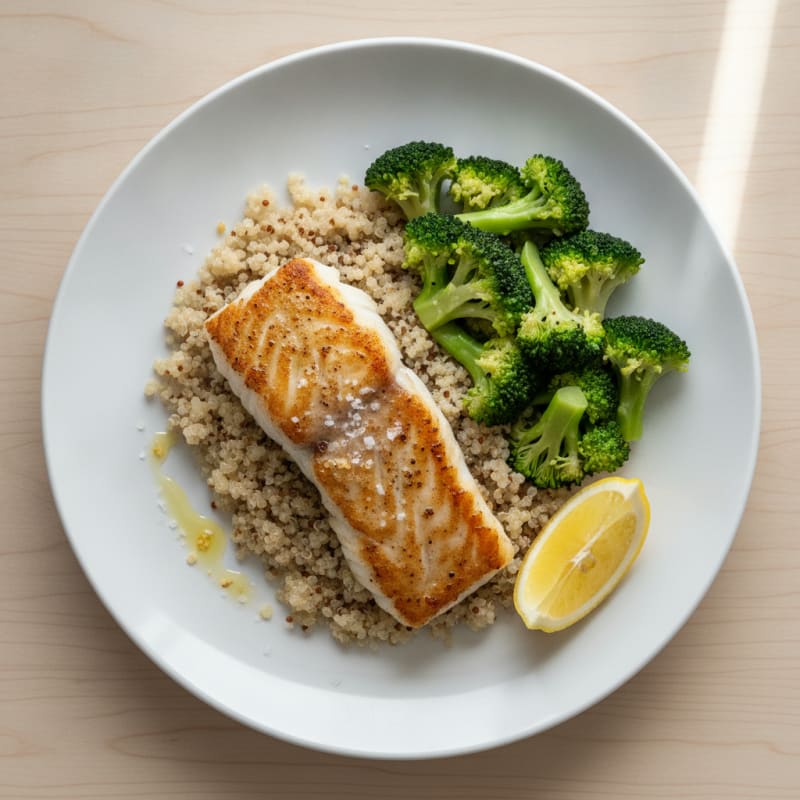 Seared Cod Fillet with Steamed Broccoli and Quinoa