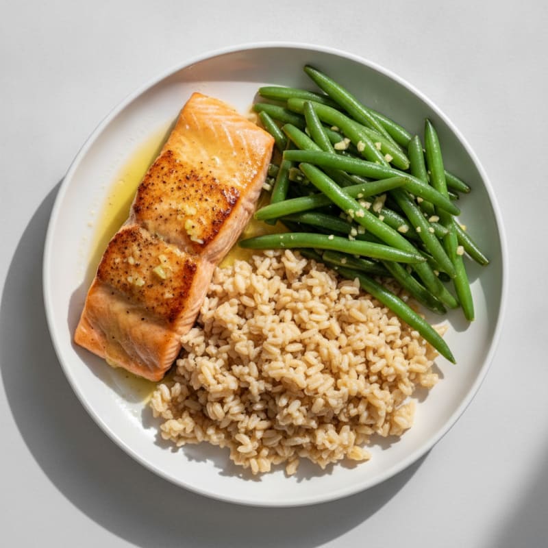 Seared Salmon with Garlic Green Beans and Brown Rice