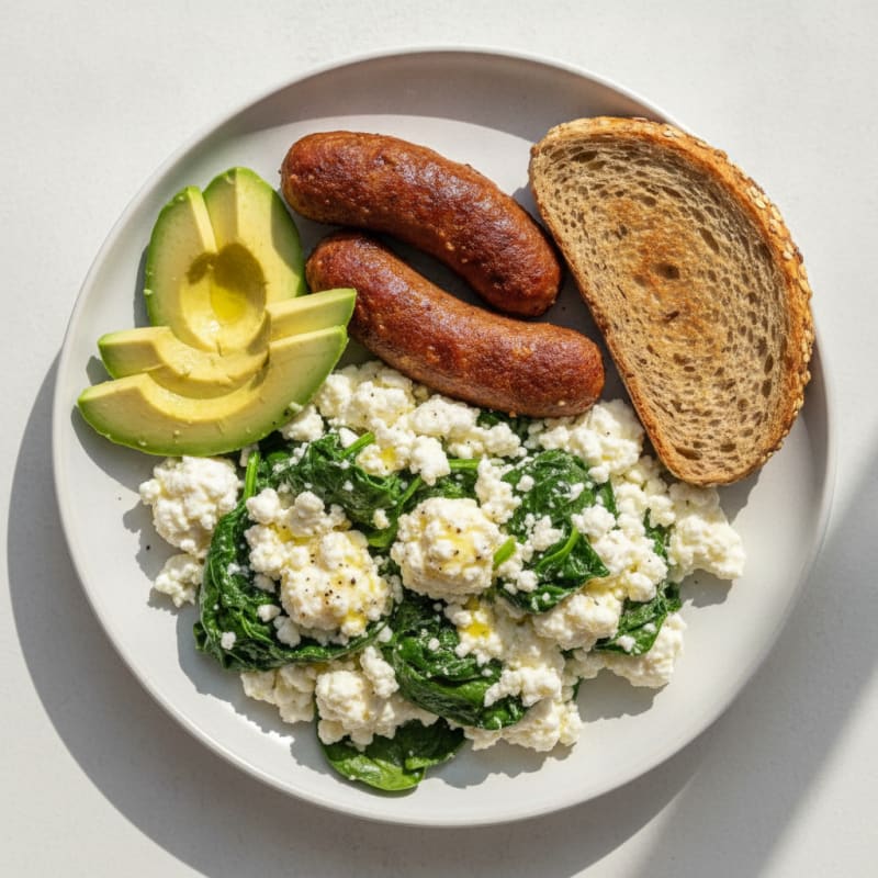 Cottage Cheese Egg White Scramble with Turkey Sausage and Spinach
