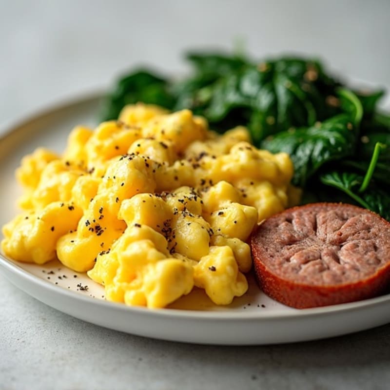 Creamy Scrambled Eggs with Turkey Sausage and Sautéed Spinach