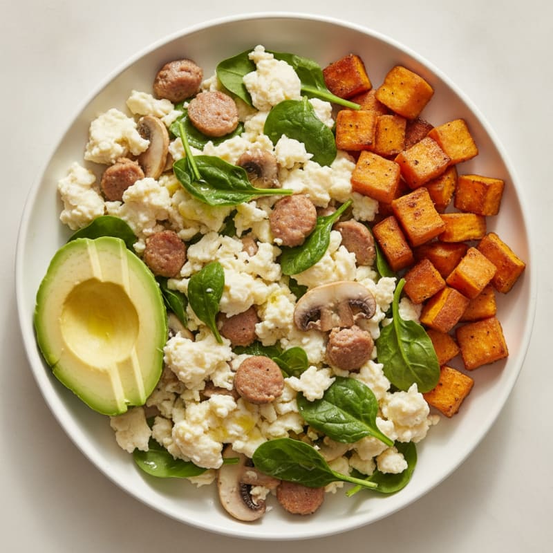 Egg White and Turkey Sausage Scramble with Spinach and Mushrooms