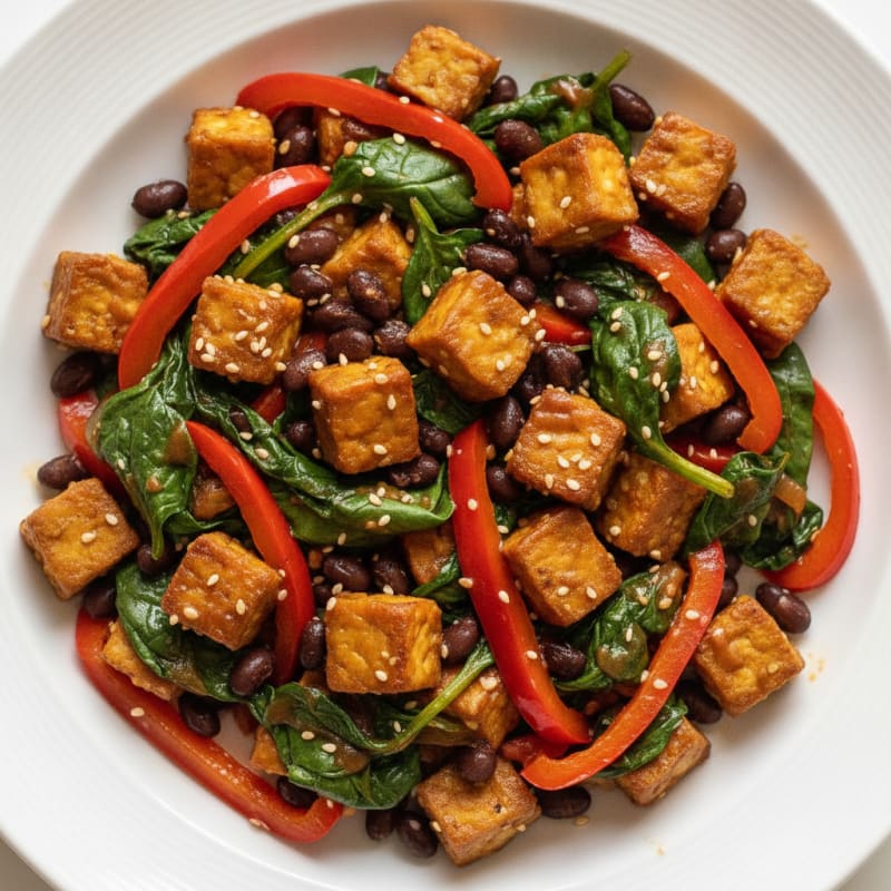 Silky Black Bean and Tempeh Stir-Fry with Spinach and Bell Peppers