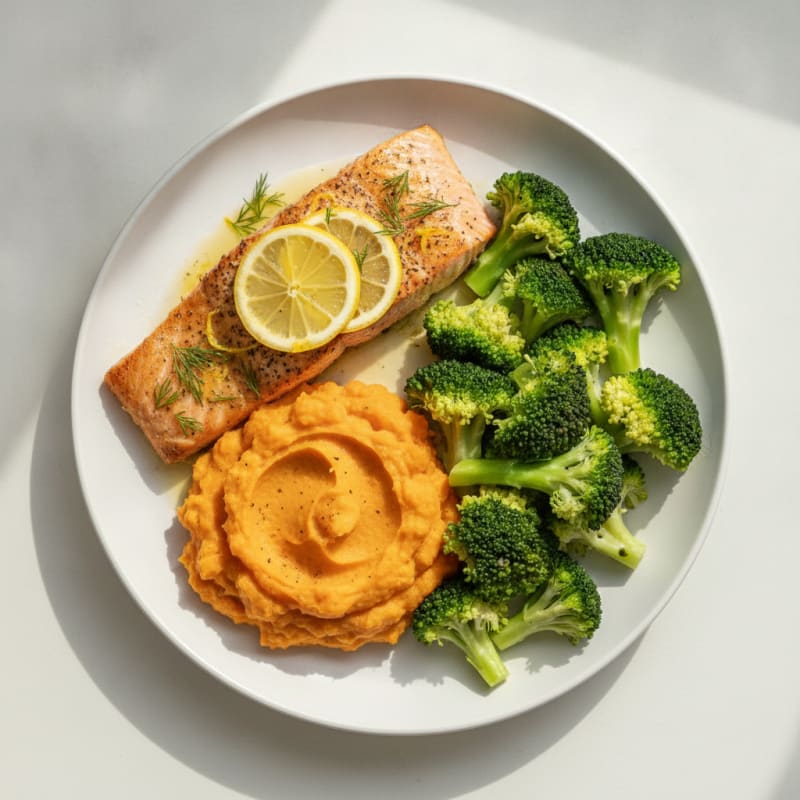 Herb-Roasted Salmon with Steamed Broccoli and Sweet Potato Mash