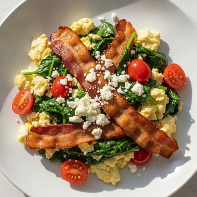 Crispy Turkey Bacon and Egg White Scramble with Sautéed Spinach