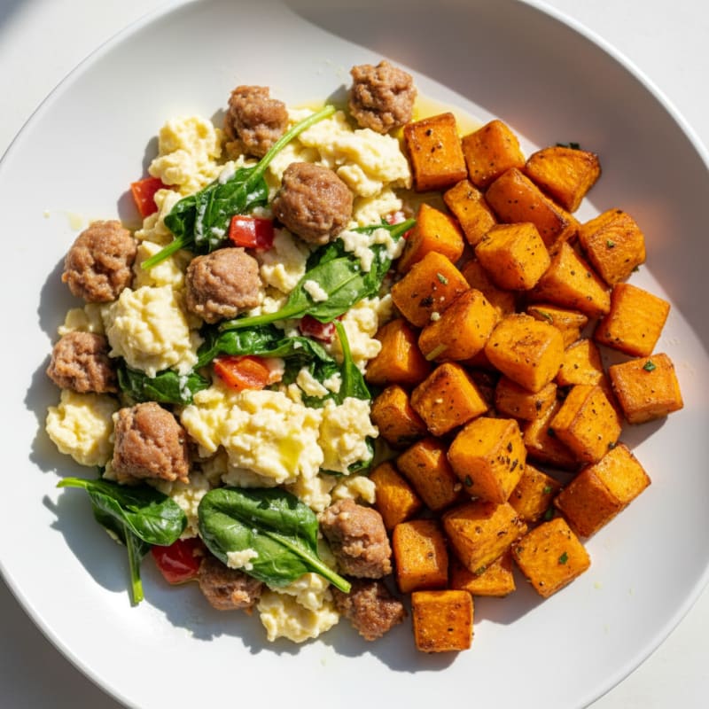 Egg White and Turkey Sausage Scramble with Roasted Sweet Potatoes