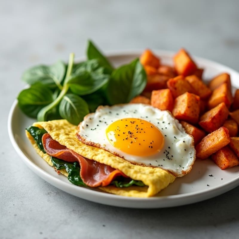 Crispy Turkey Bacon and Spinach Omelette with Sautéed Sweet Potatoes