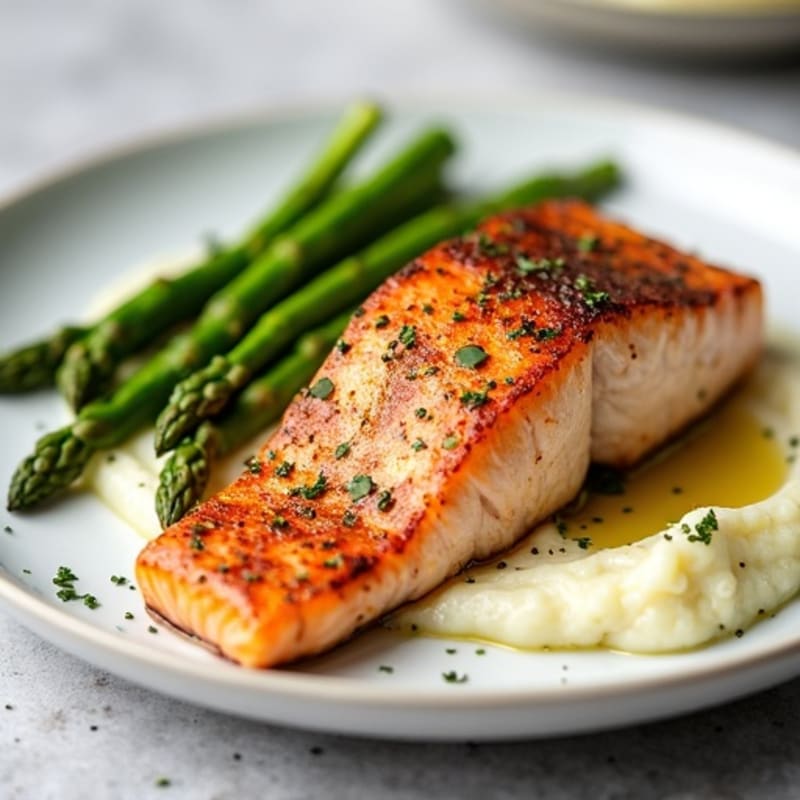 Seared Salmon with Steamed Asparagus and Cauliflower Mash