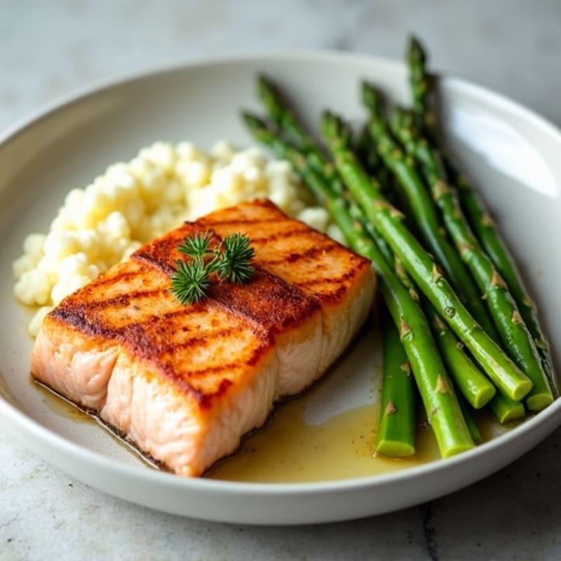 Seared Salmon Fillet with Steamed Asparagus and Garlic Cauliflower Mash