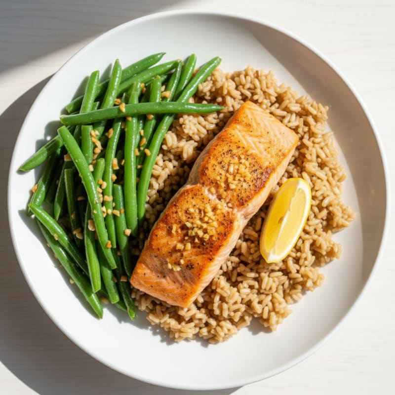 Pan-Seared Salmon with Garlic Green Beans and Brown Rice