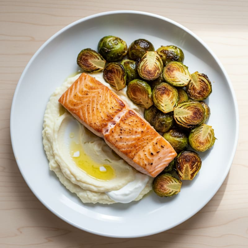 Seared Salmon with Roasted Brussels Sprouts and Cauliflower Mash