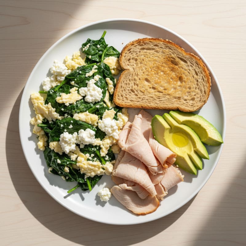Egg White Spinach Scramble with Cottage Cheese and Sliced Turkey