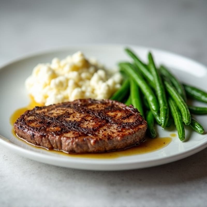 Seared Lean Beef with Steamed Green Beans and Cauliflower Mash