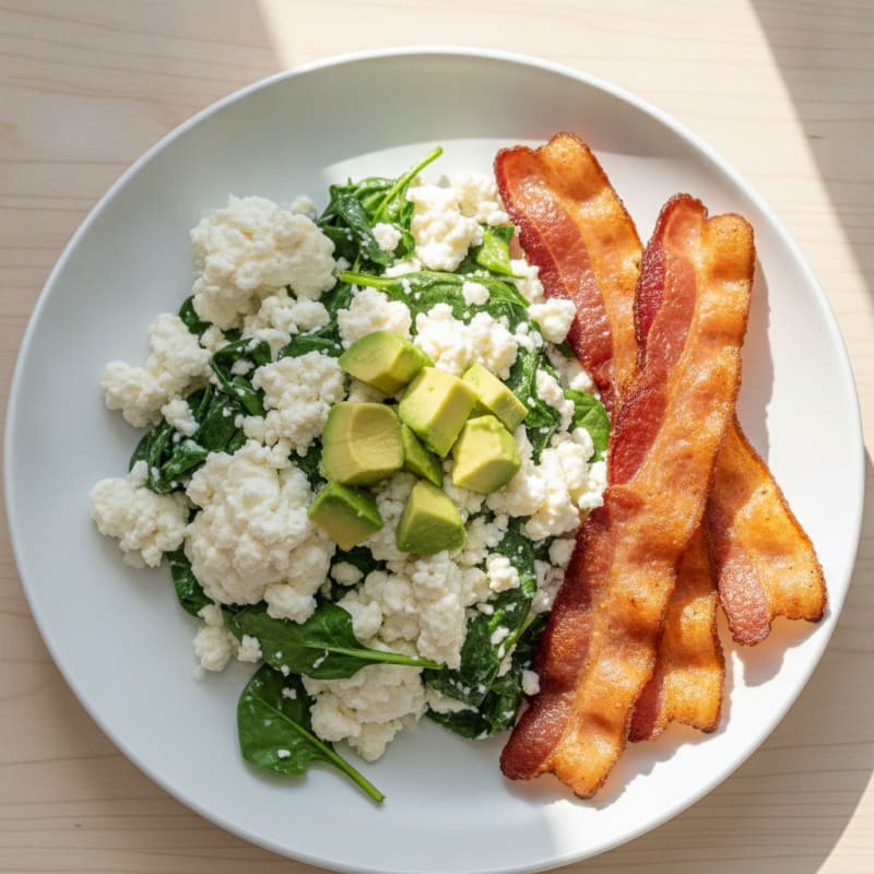 Egg White and Cottage Cheese Scramble with Spinach and Turkey Bacon