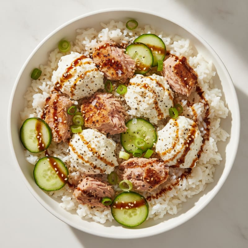 Zesty Tuna and Creamy Cottage Cheese Rice Bowl