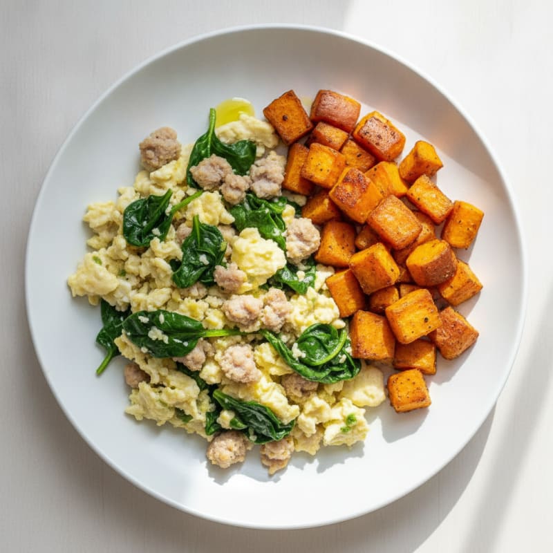 Scrambled Egg Whites with Turkey Sausage and Sautéed Spinach