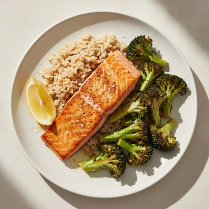 Seared Salmon with Roasted Broccoli and Brown Rice