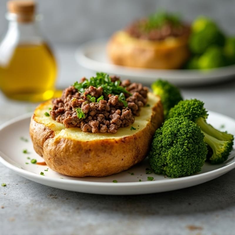 Fluffy Baked Potatoes with Savory Lean Ground Beef and Crispy Roasted Broccoli