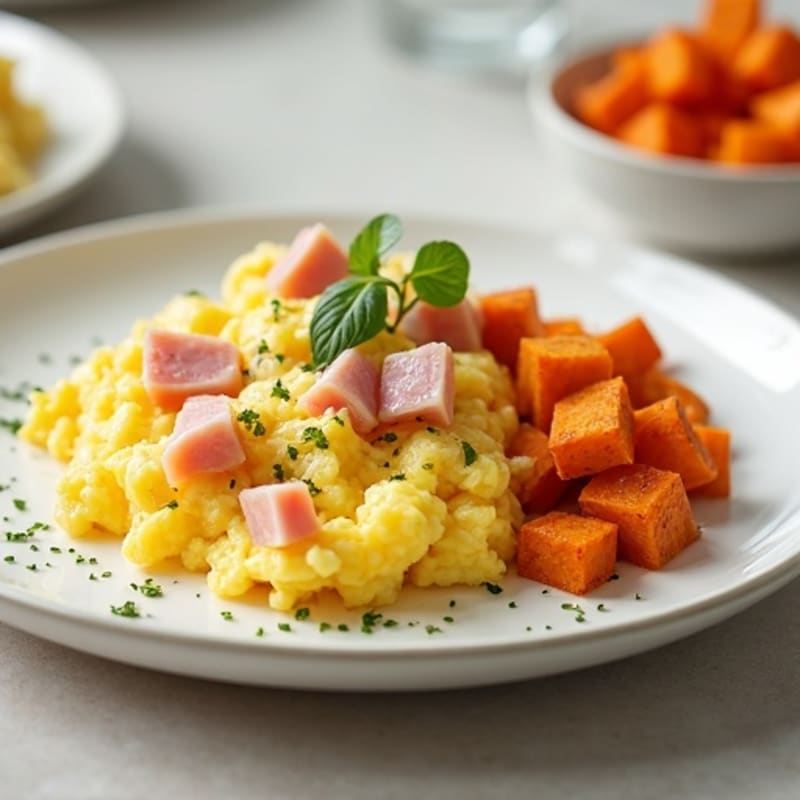 Scrambled Eggs with Turkey Ham and Roasted Sweet Potato