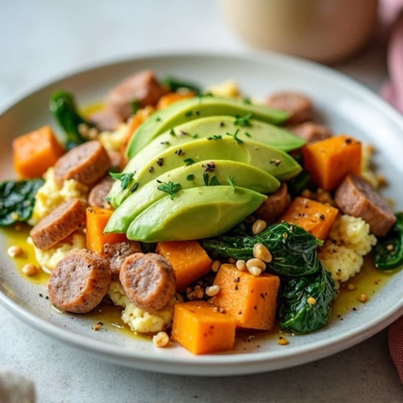 Egg White and Turkey Sausage Scramble with Spinach and Sweet Potato