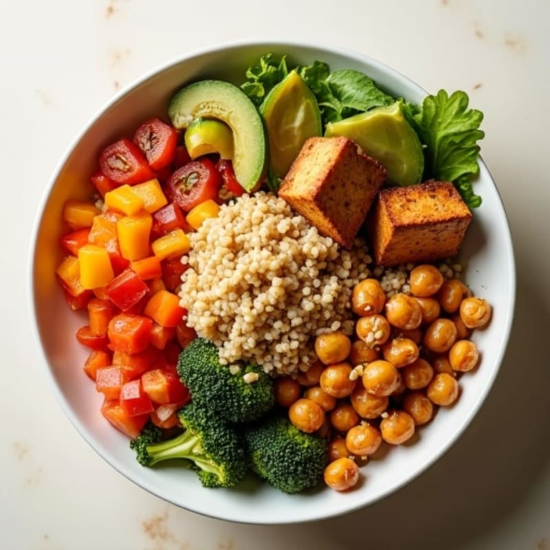 Roasted Vegetable Quinoa Bowl with Crispy Chickpeas and Creamy Tahini