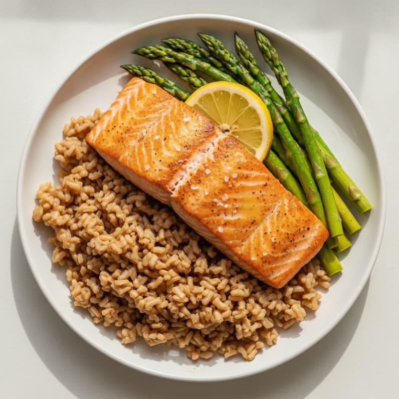 Seared Salmon with Brown Rice and Steamed Asparagus