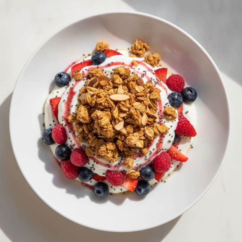 Creamy Greek Yogurt Parfait with Mixed Berries and Crunchy Almond Granola