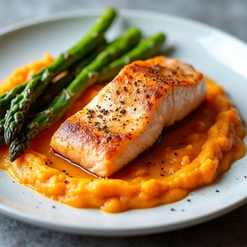 Seared Salmon Fillet with Roasted Asparagus and Sweet Potato Mash