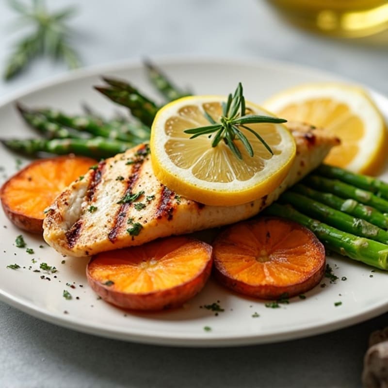 Lemon-Herb Grilled Chicken with Roasted Asparagus and Sweet Potato