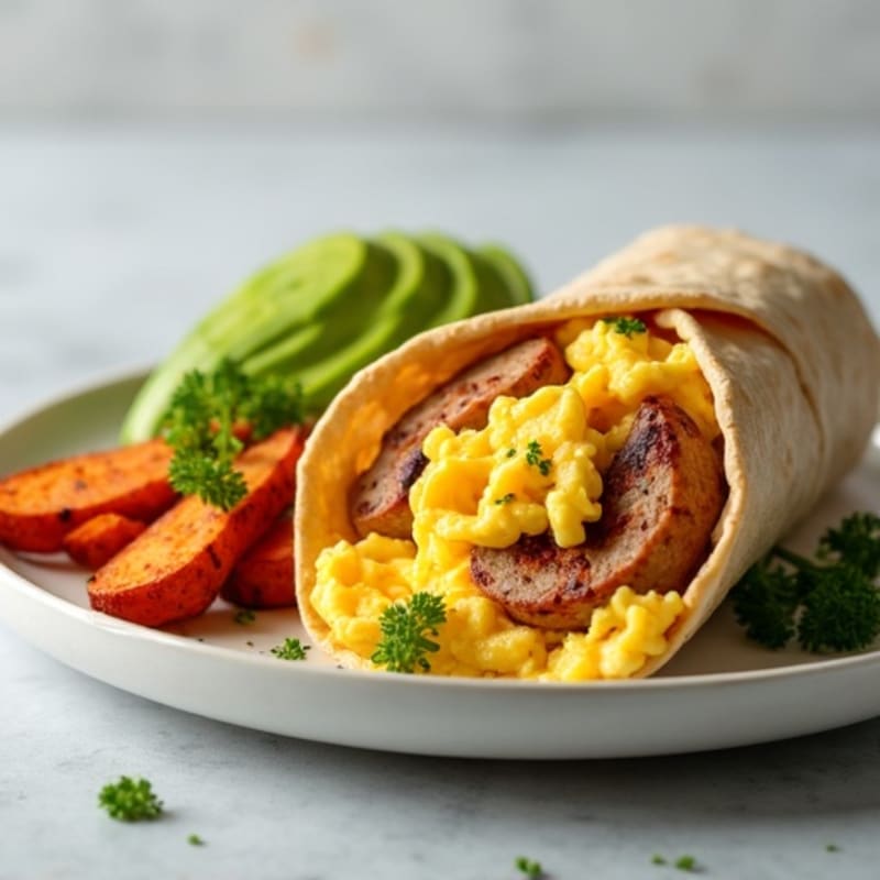 Lean Turkey Sausage and Scrambled Egg Breakfast Burrito with Crispy Sweet Potatoes and Fresh Avocado