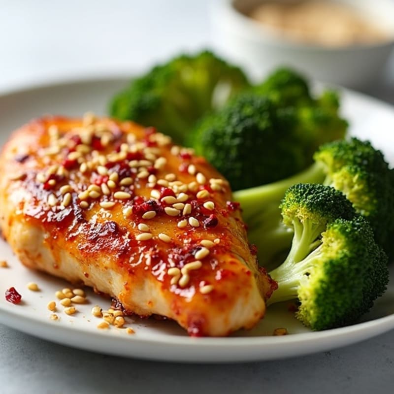 Crispy Baked Chicken with Sweet and Spicy Sesame Glaze and Roasted Broccoli