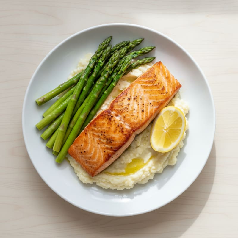 Seared Salmon with Steamed Asparagus and Cauliflower Mash