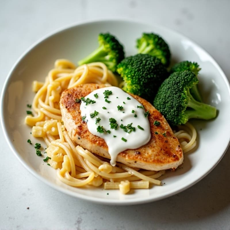 Creamy Garlic Chicken with Whole Wheat Pasta and Steamed Broccoli
