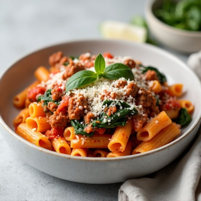 Hearty Baked Ziti with Lean Ground Beef and Spinach
