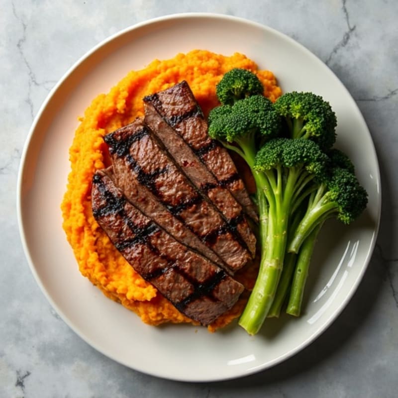 Seared Lean Beef Strips with Roasted Broccoli and Sweet Potato Mash