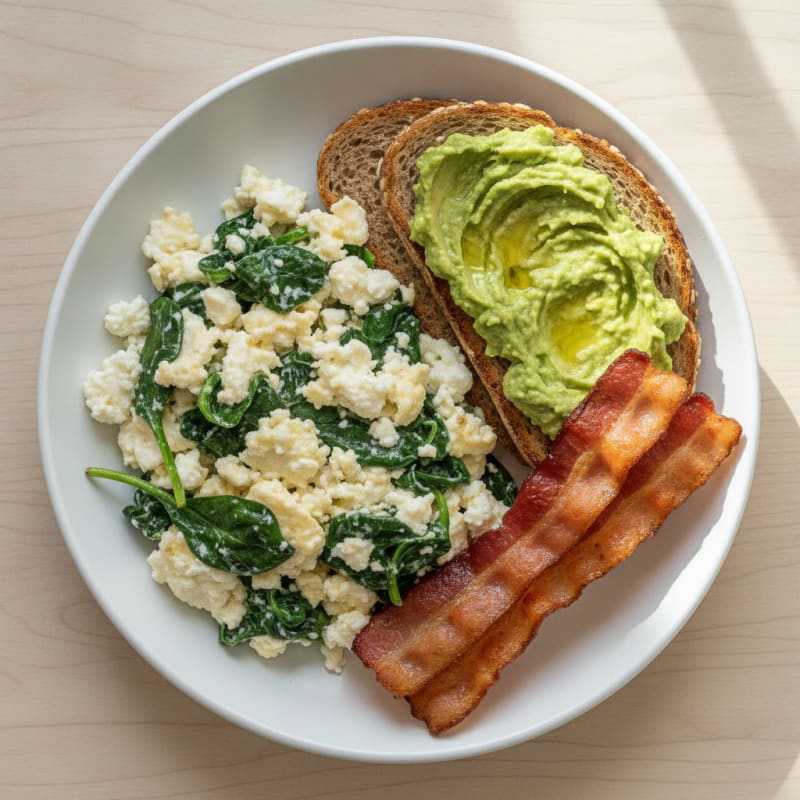 Cottage Cheese Scramble with Spinach and Turkey Bacon