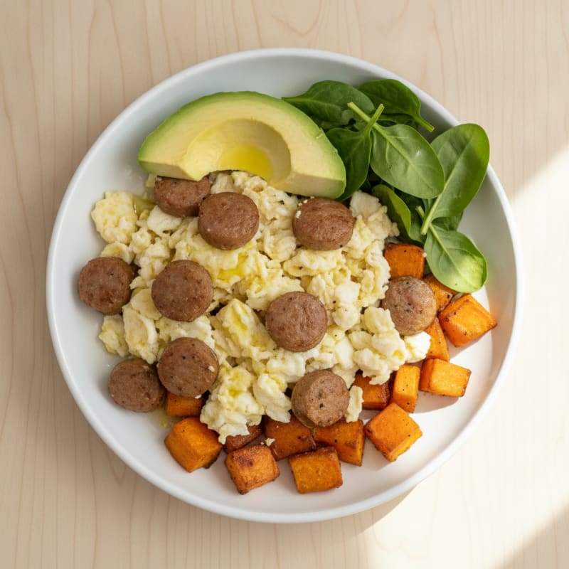 Egg White and Turkey Sausage Scramble with Roasted Sweet Potatoes