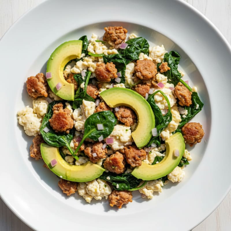 Egg White Scramble with Turkey Sausage and Sautéed Spinach