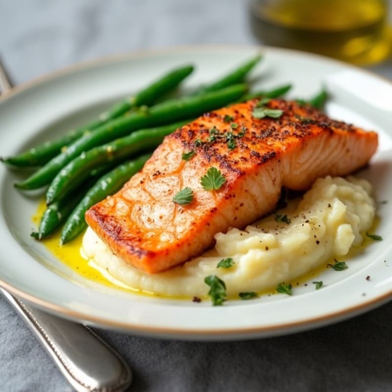 Seared Salmon Fillet with Creamy Garlic Mashed Potatoes and Steamed Green Beans
