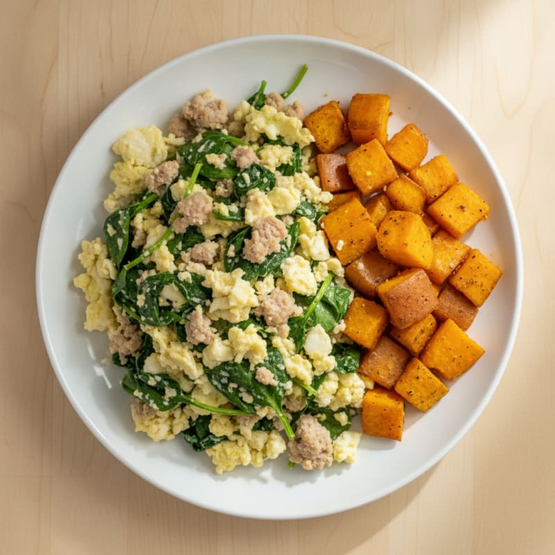 Egg White and Turkey Sausage Scramble with Spinach and Roasted Sweet Potato