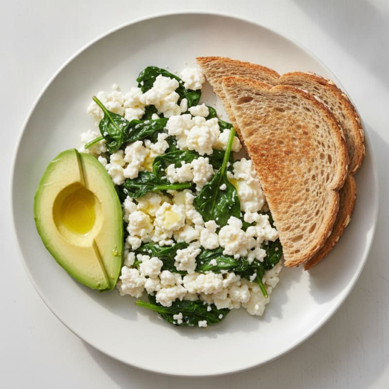 Scrambled Egg Whites with Cottage Cheese and Sautéed Spinach