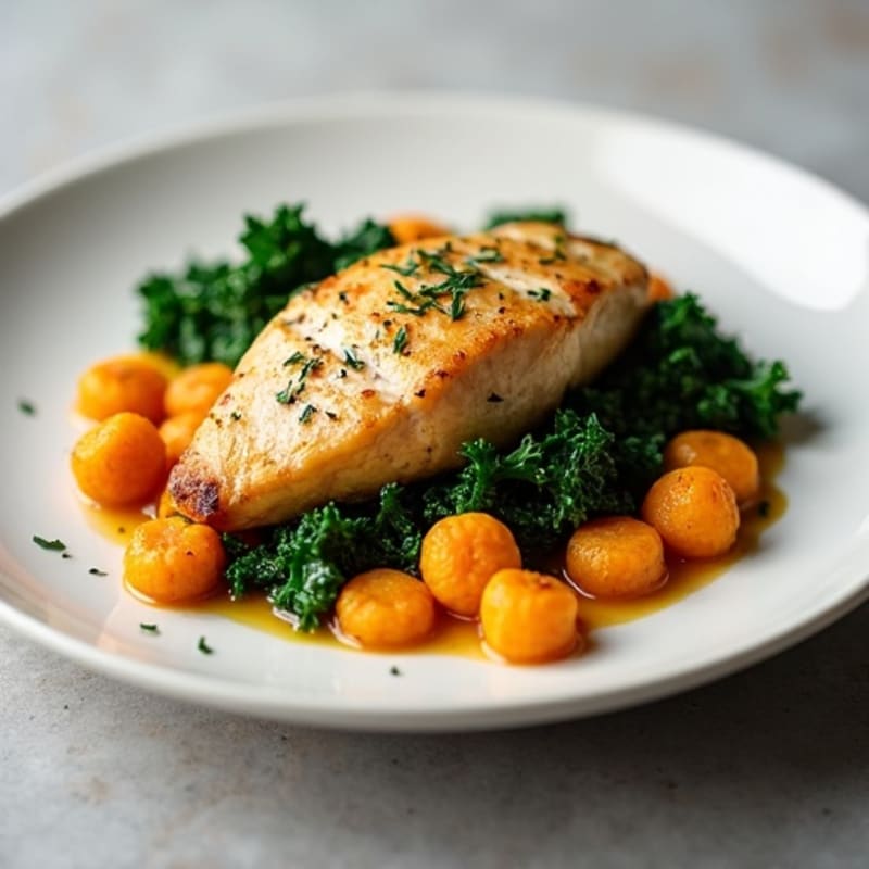 Sweet Potato Gnocchi with Roasted Chicken Breast and Sautéed Kale