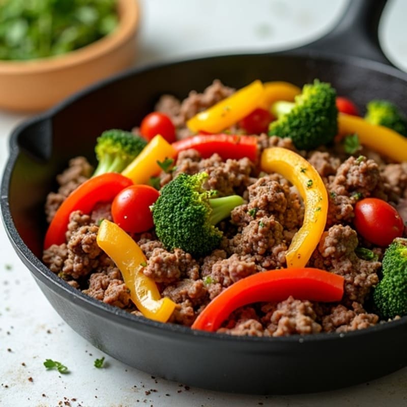 Herb-Seasoned Ground Beef Skillet with Roasted Rainbow Vegetables