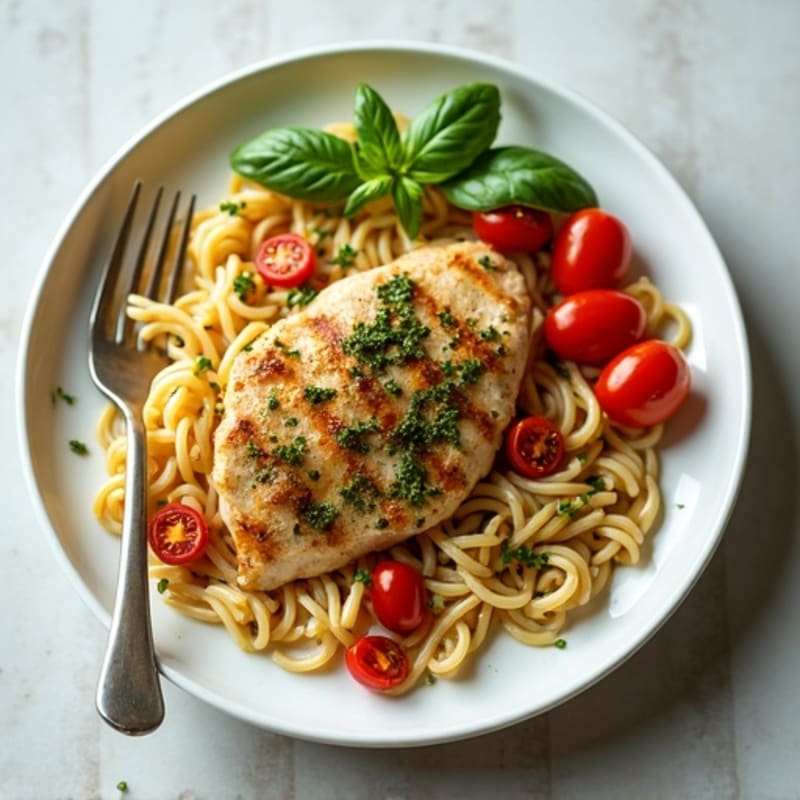 Fresh Herb Chicken Pesto Whole Wheat Pasta with Blistered Tomatoes